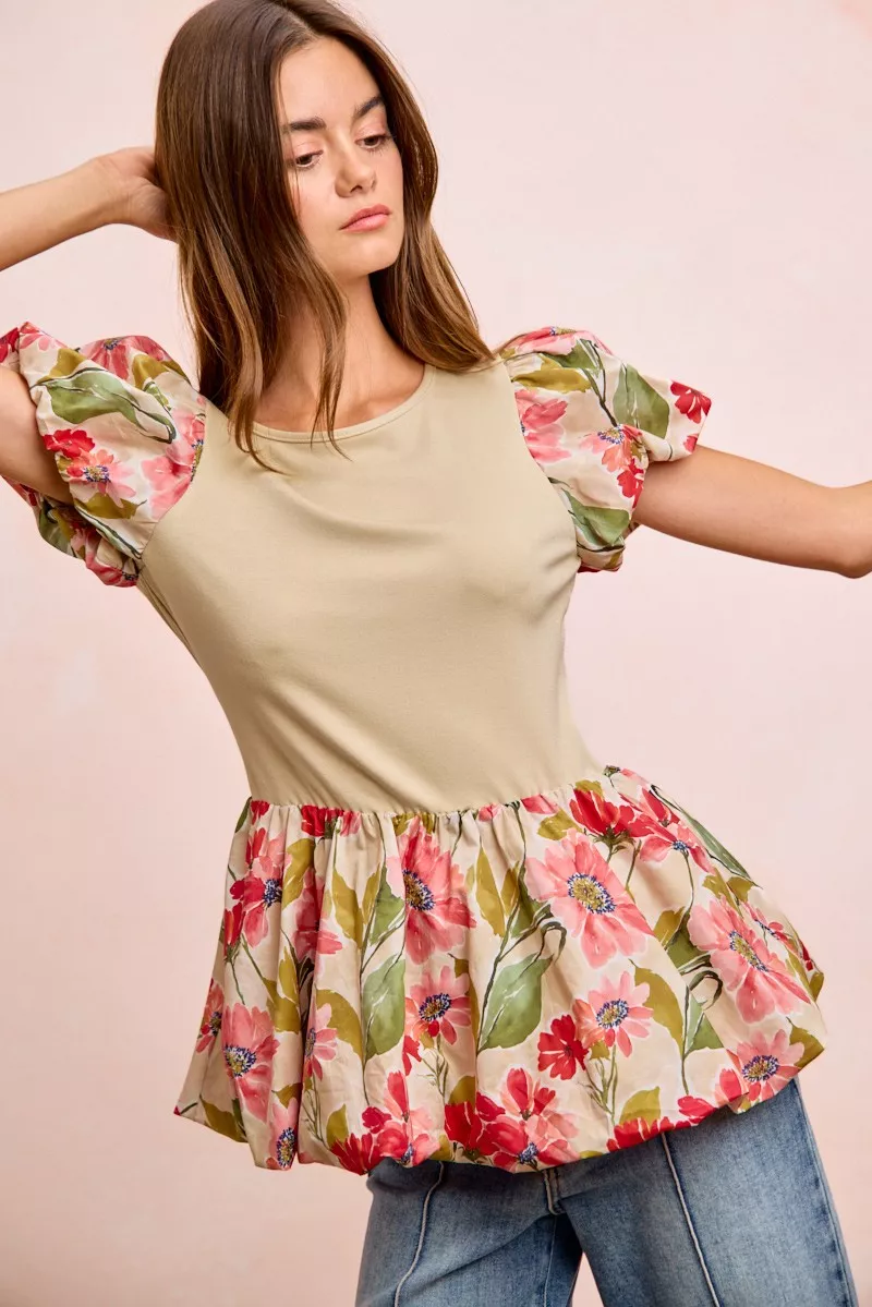 Floral Printed Bubble Sleeves and Hem Peplum Top, image 6