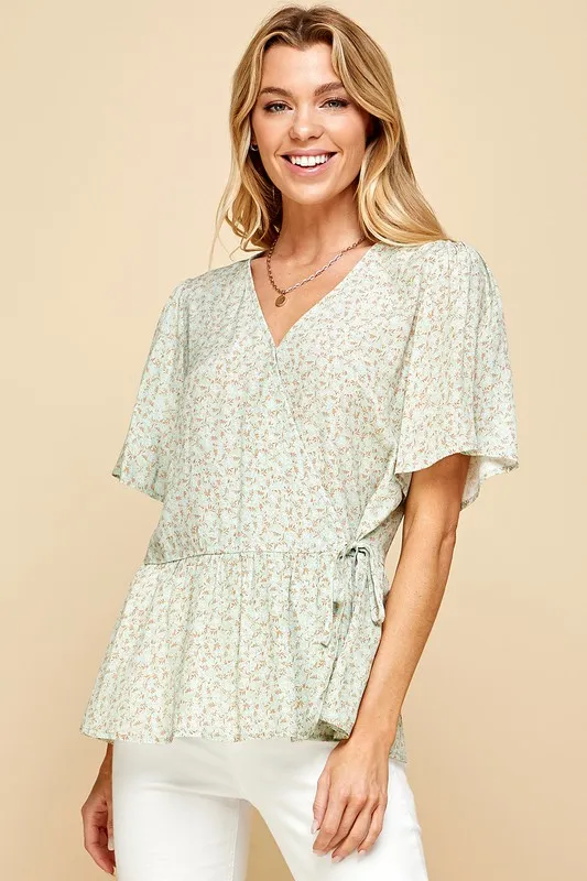 Ditsy Print V-Neck Short Sleeve Wrap Blouse, image 5