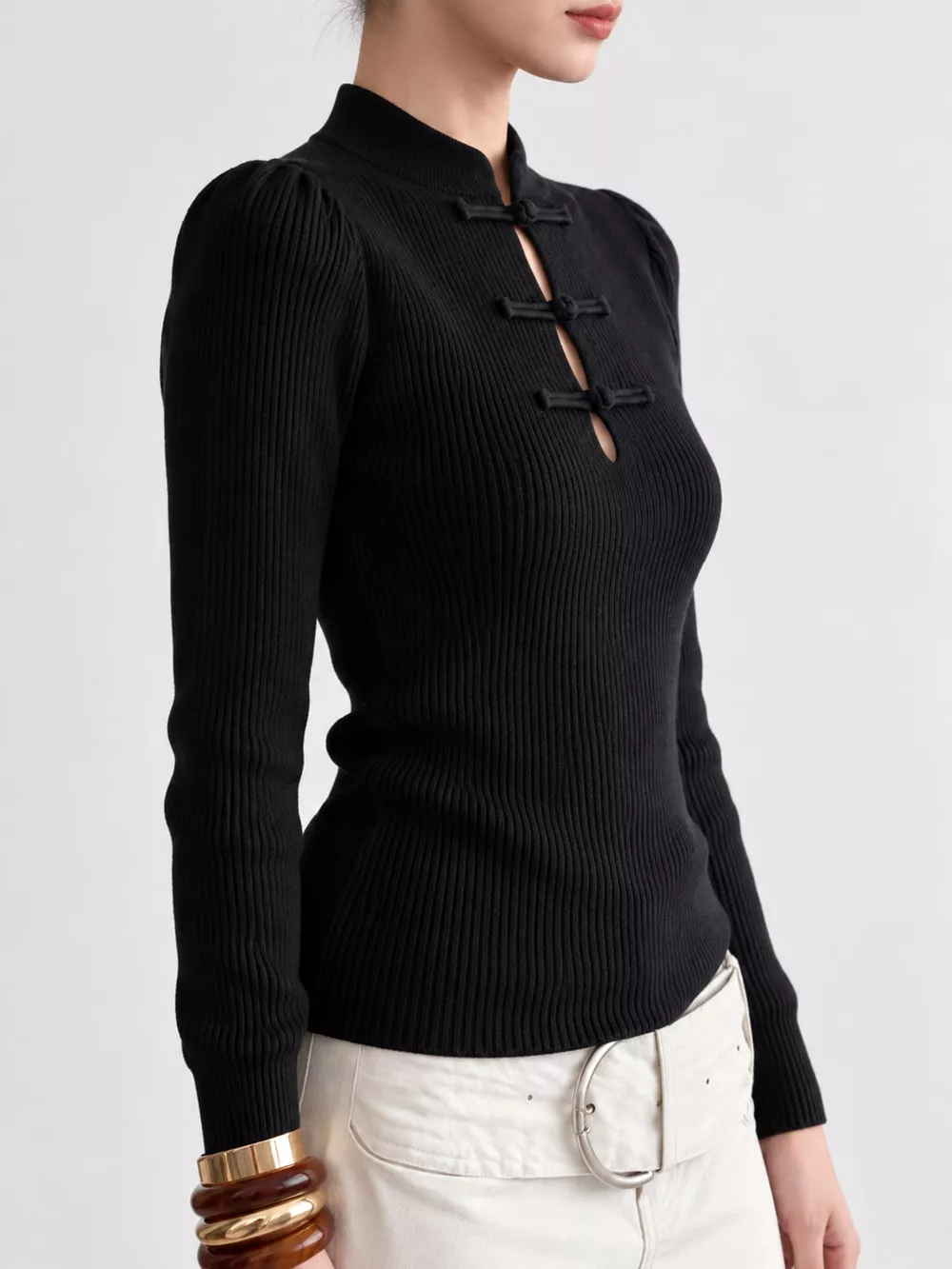 Chinese-Style Button Ribbed Knit Top, image 13