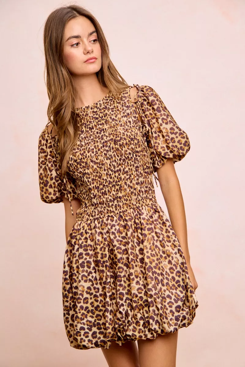 Leopard Bow Tie Attachable Puff Sleeves Dress, image 19
