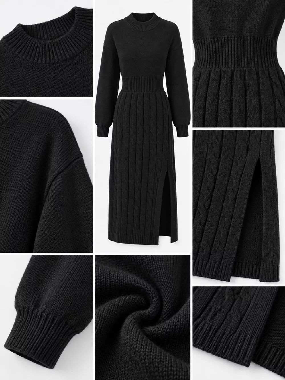 Full Size Mock Neck Cable Knit Sweater Dress with Front Slit Plus Size, image 16