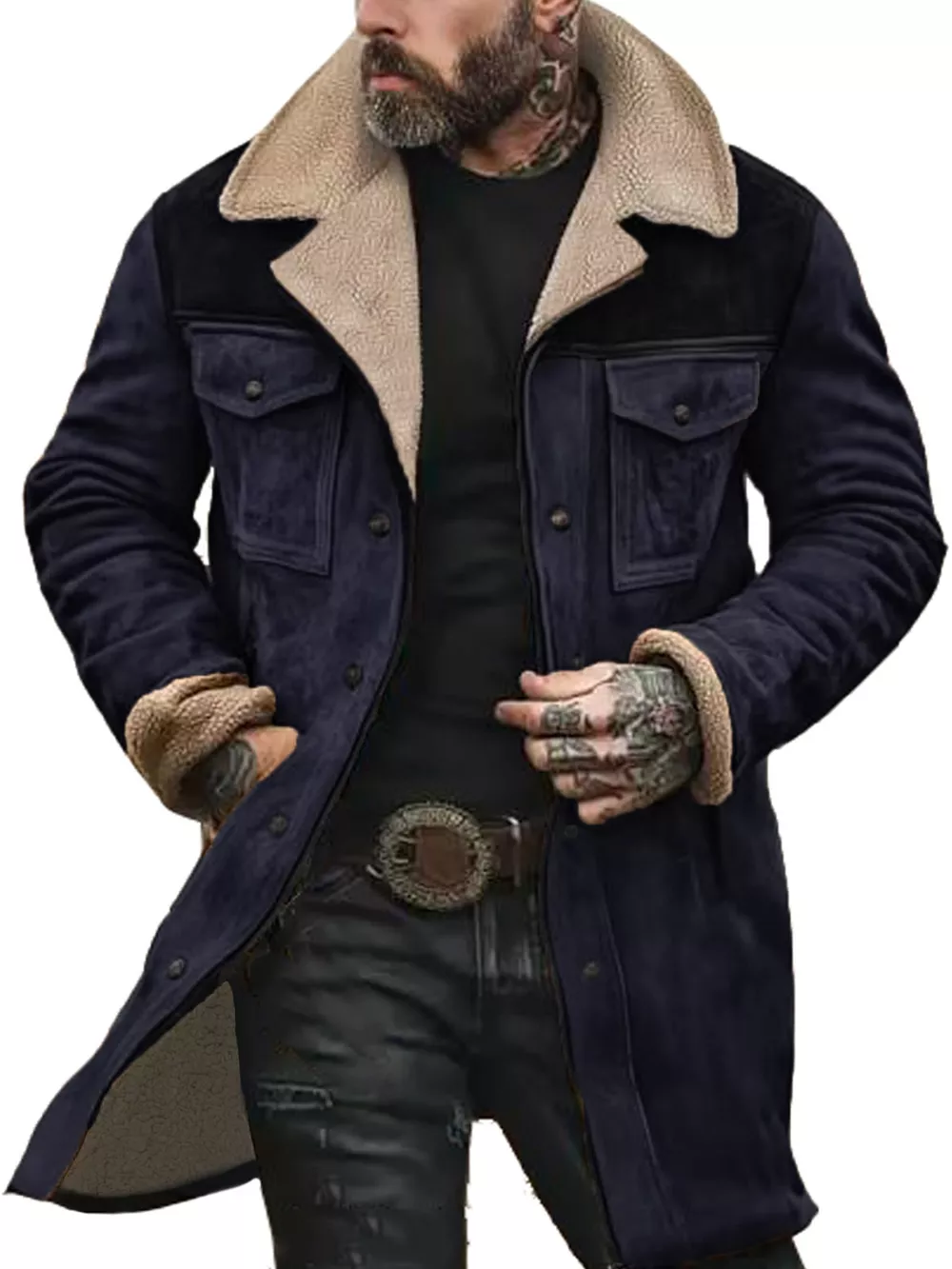 Men's Full Size Vintage Shearling Lined Longline Coat Plus Size, image 4