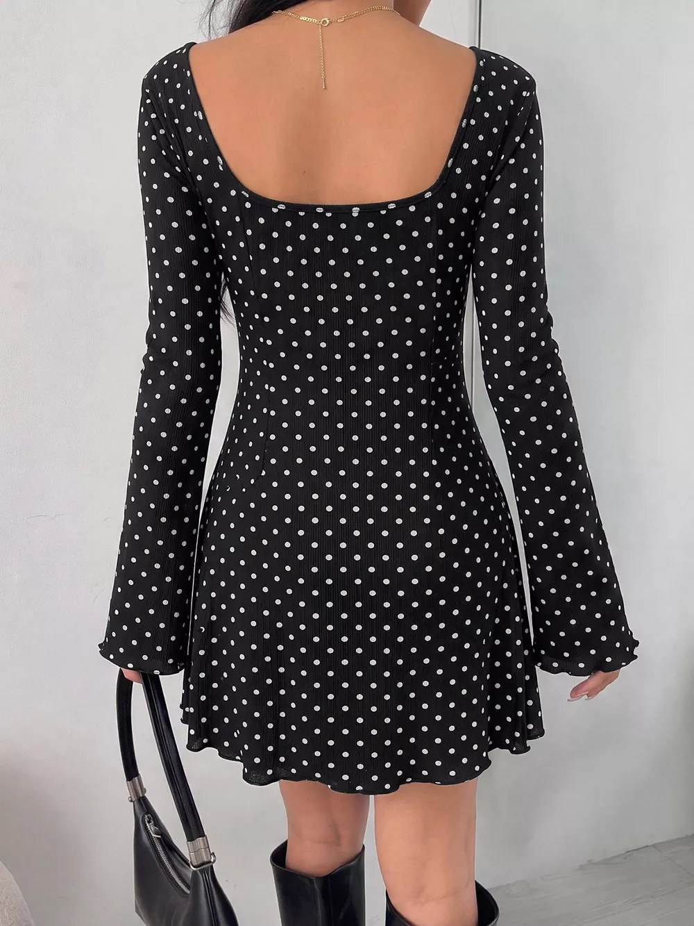 Polka Dot Lace Trimmed V-Neck Mini Dress, image 4
