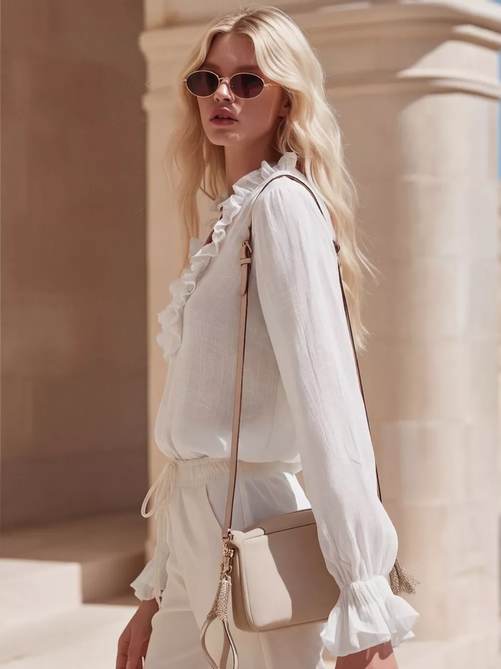 Ruffled V-Neck Long Sleeve Blouse, image 5