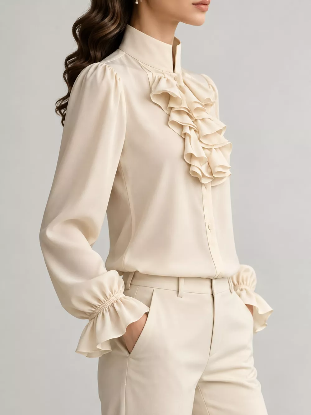 Ruffled Stand-Collar Blouse with Long Lantern Sleeves, image 28