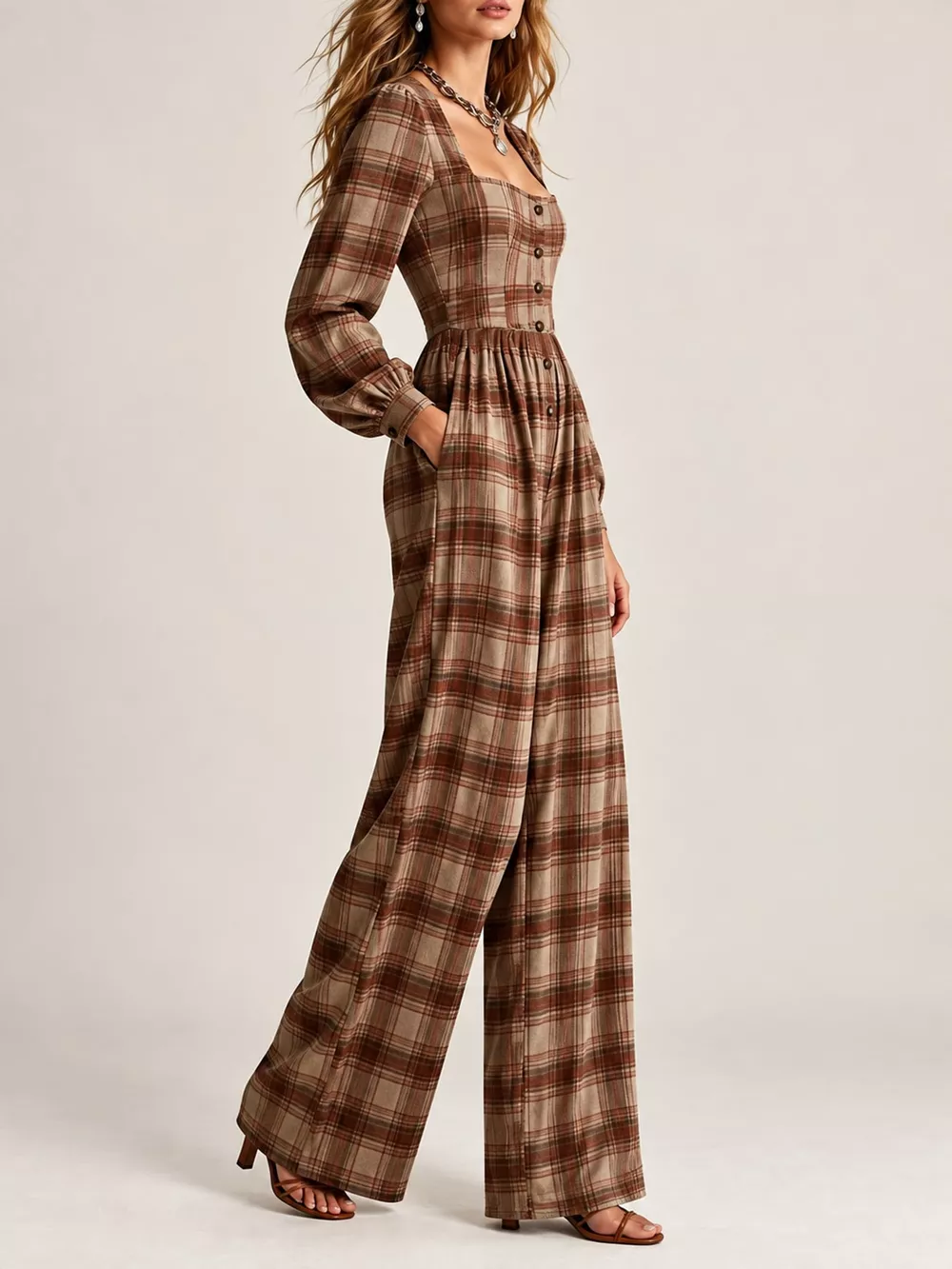 Plaid Square Neck Long Sleeve Wide-Leg Jumpsuit, image 26