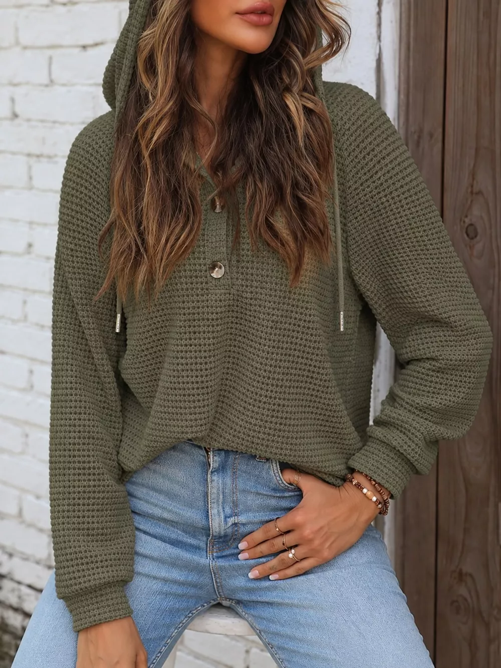 Full Size Waffle Knit Button Detail Hoodie Plus Size, image 44