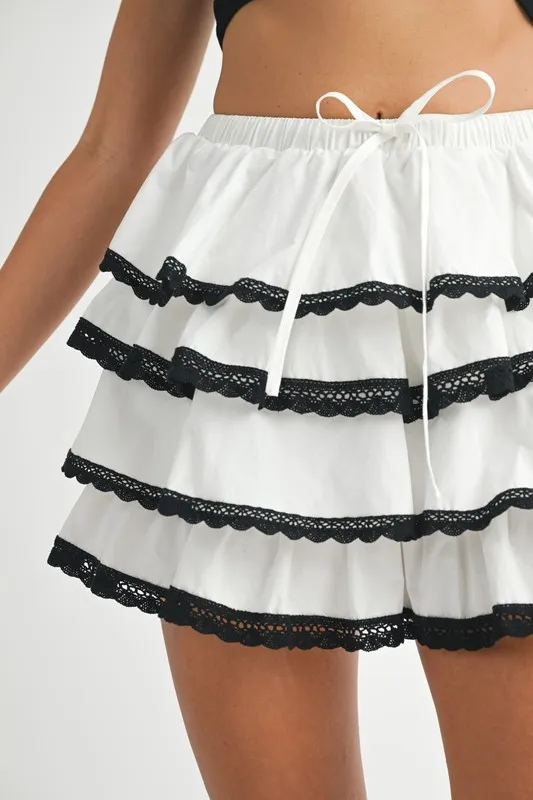 Poplin Ruffle Layered Contract Lace Trim Mini Skirt, image 8