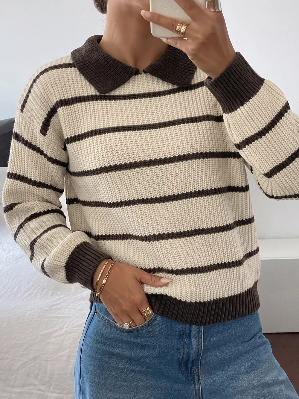 Striped Knit Polo Sweater, image 3