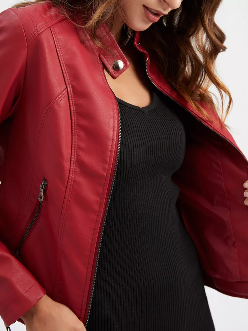 Full Size Slim Fit Faux Leather Moto Jacket Plus Size, image 11