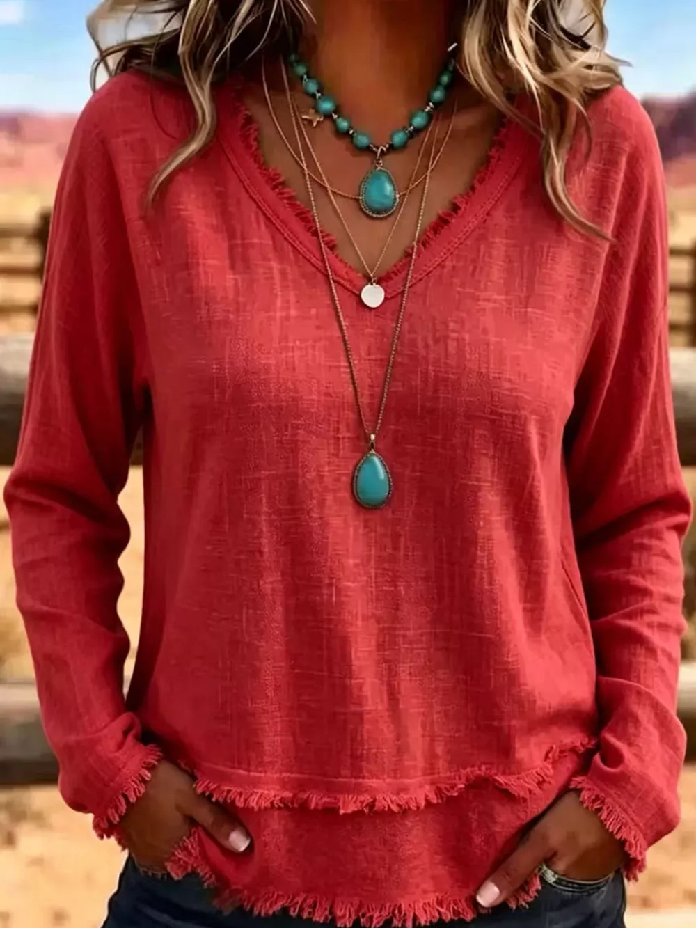 Full Size Frayed Hem V-Neck Blouse Plus Size, image 26