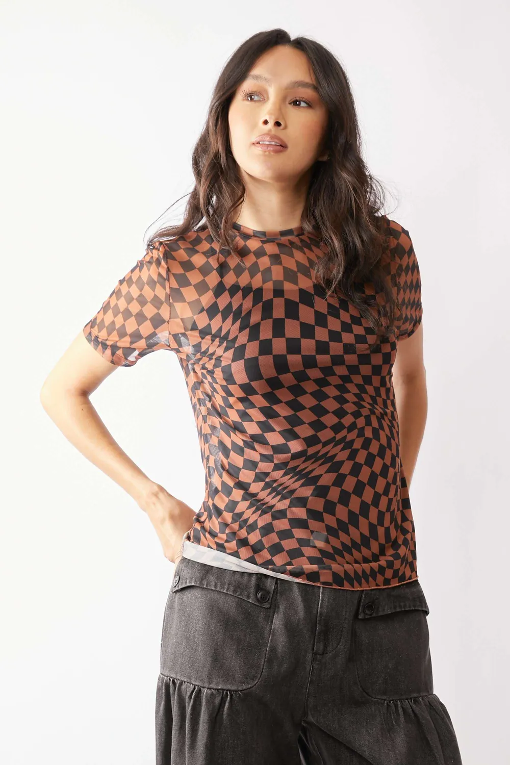 Checker Board Printed Mesh Short Sleeve Top, image 2