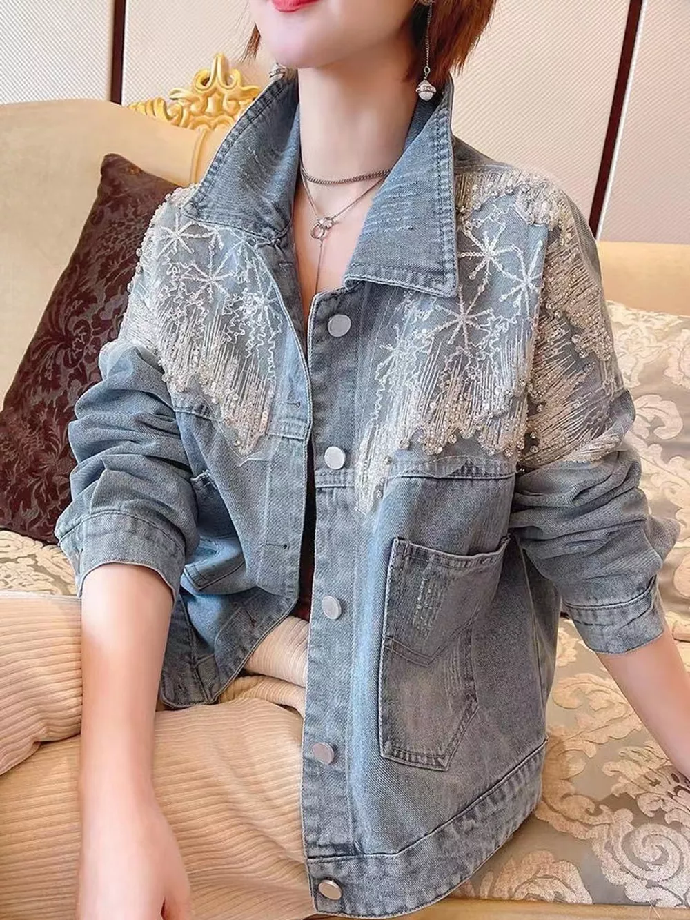 Embellished Rhinestone Snowflake Denim Jacket, image 2