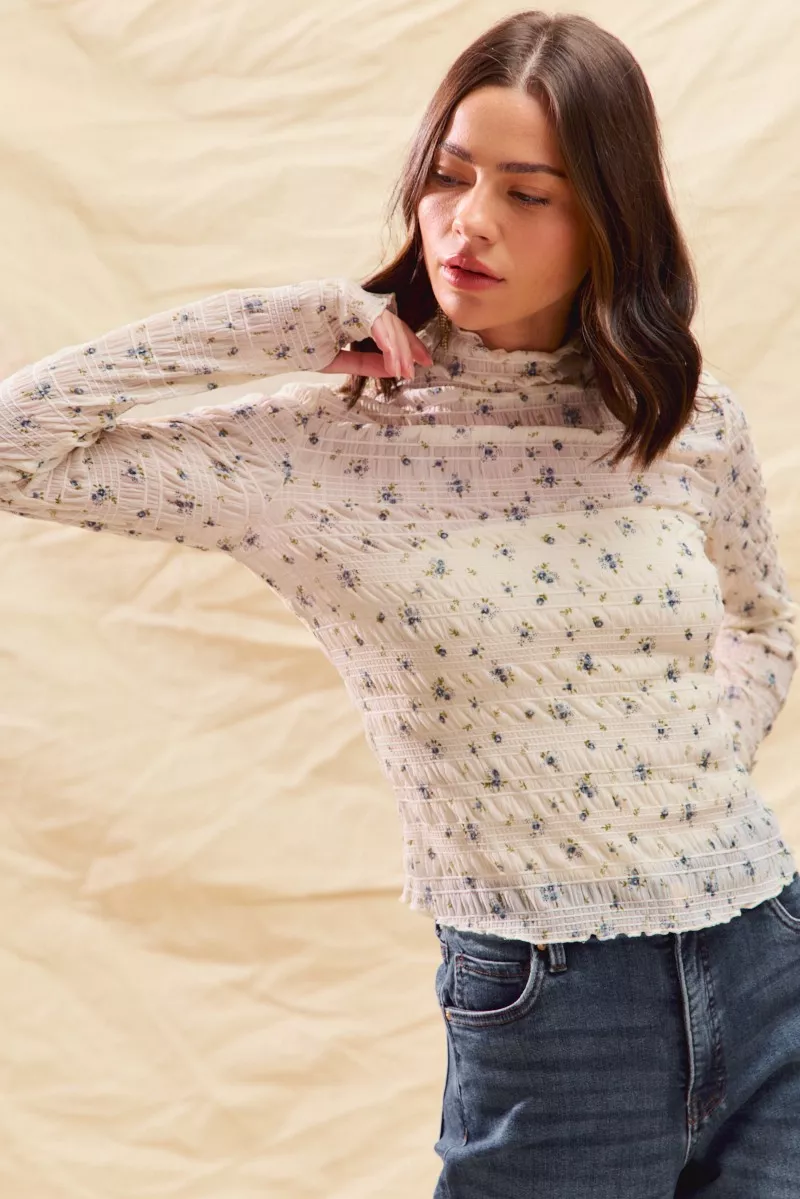 Floral Print Textured Long Sleeve Knit Top, image 6