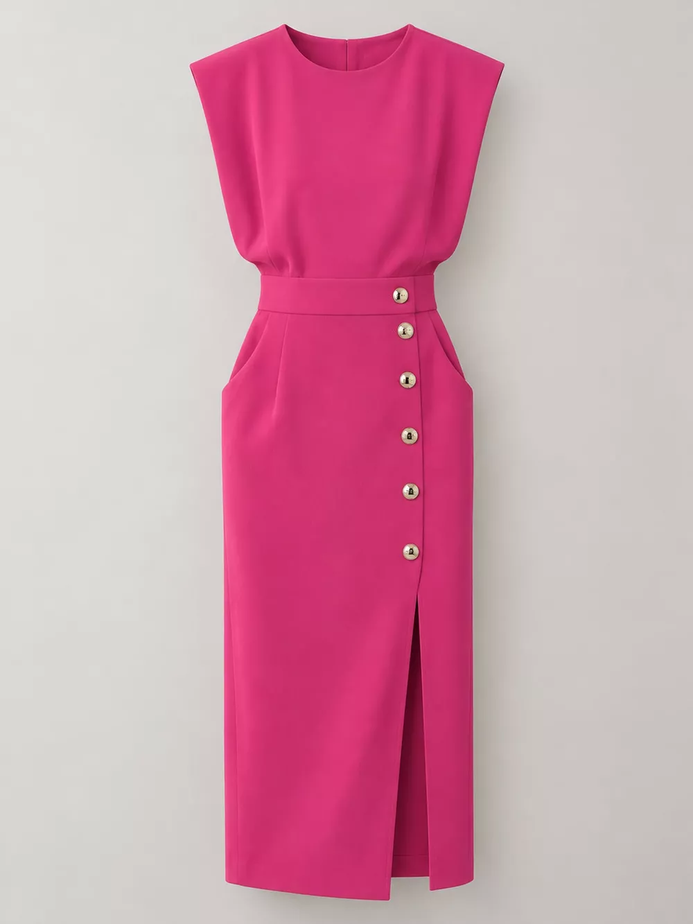 Sleeveless Midi Dress with Gold Button Detail and Side Slit, image 34