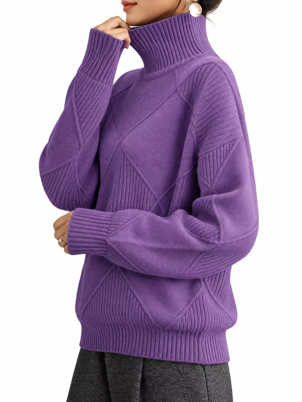 Full Size Diamond Pattern Turtleneck Sweater Plus Size, image 64