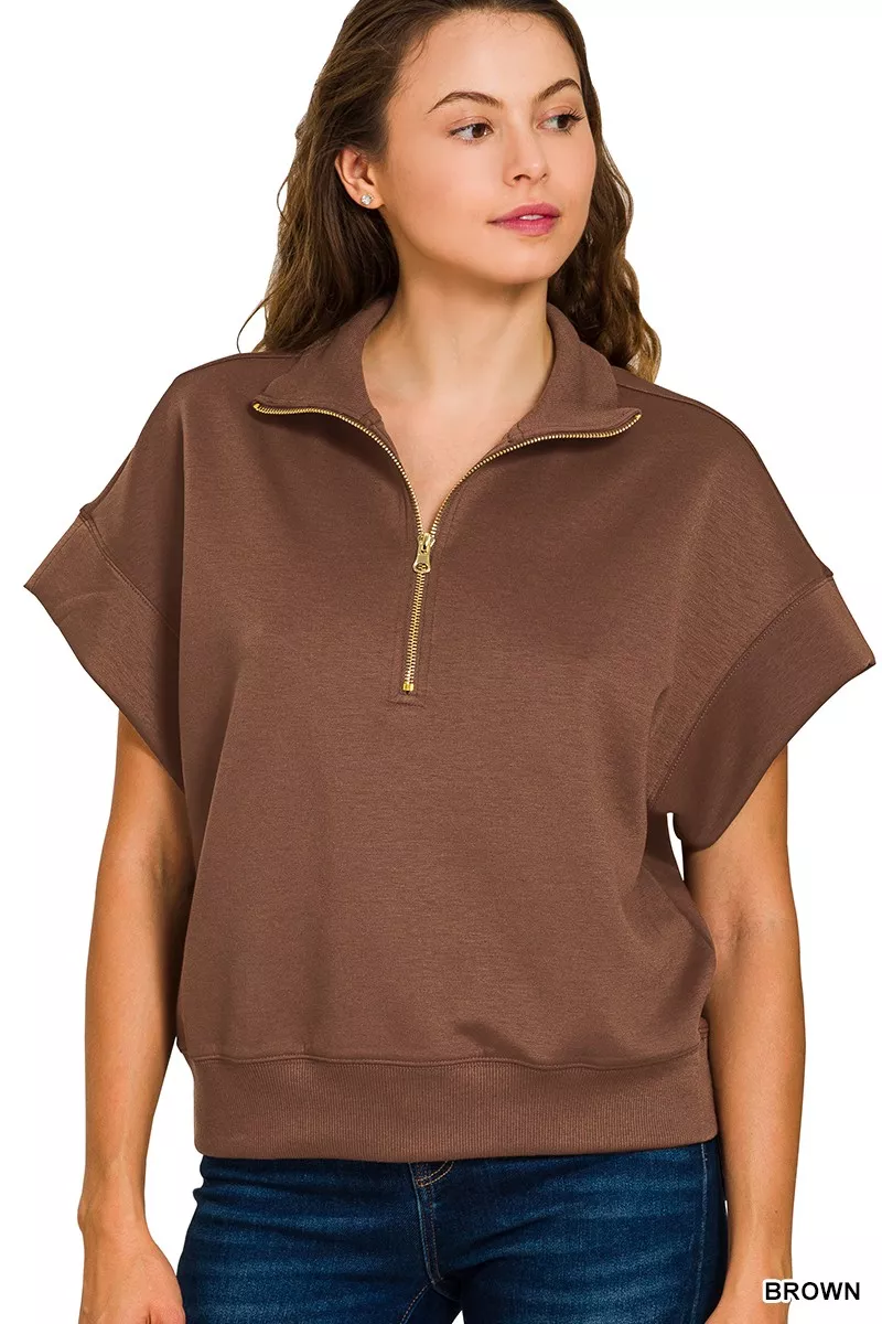 Full Size Scuba High Neck Half Zip Short Sleeve Top Plus Size, image 4