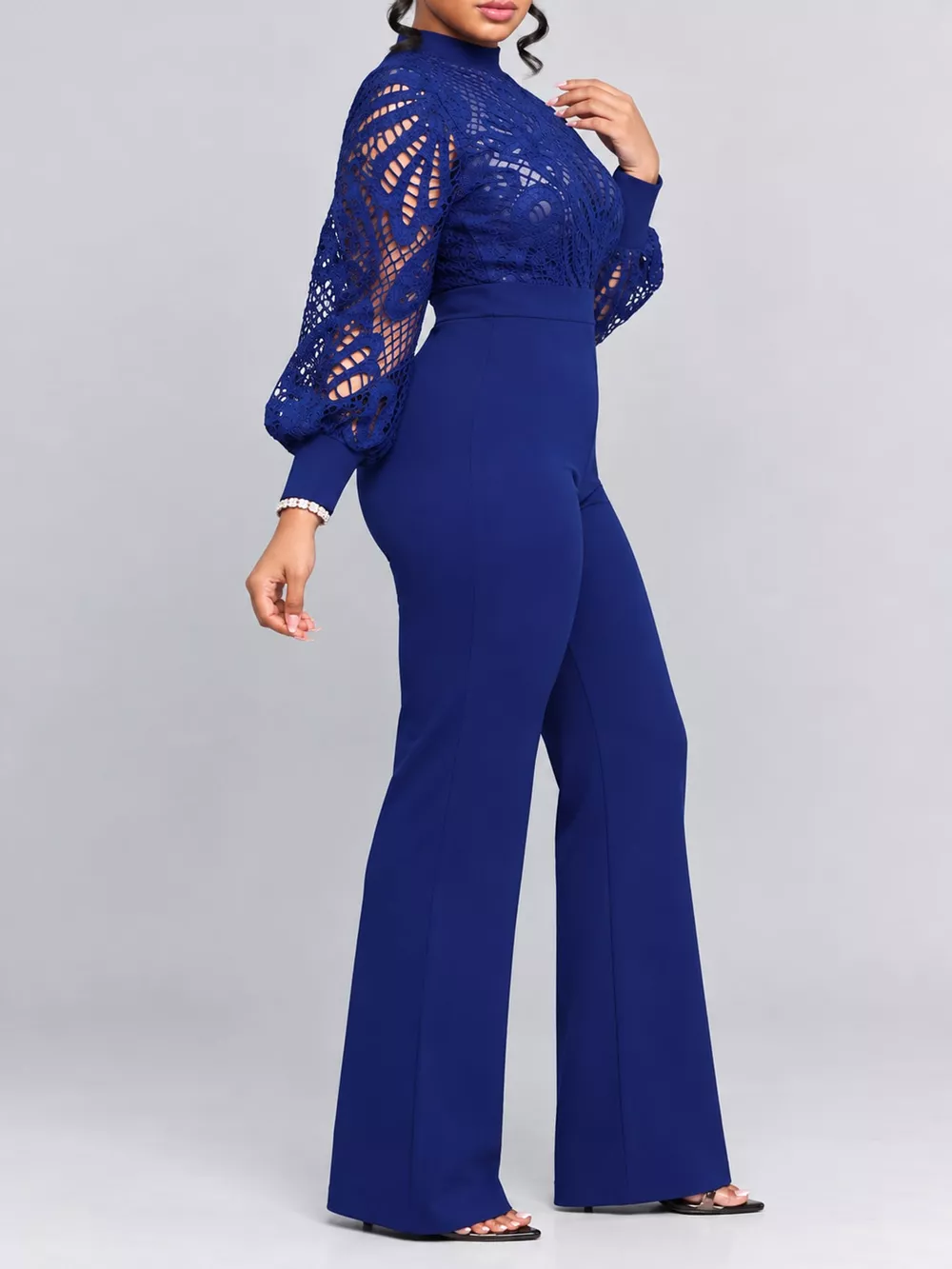 Full Size Lace Lantern Sleeve Flare Jumpsuit Plus Size, image 3