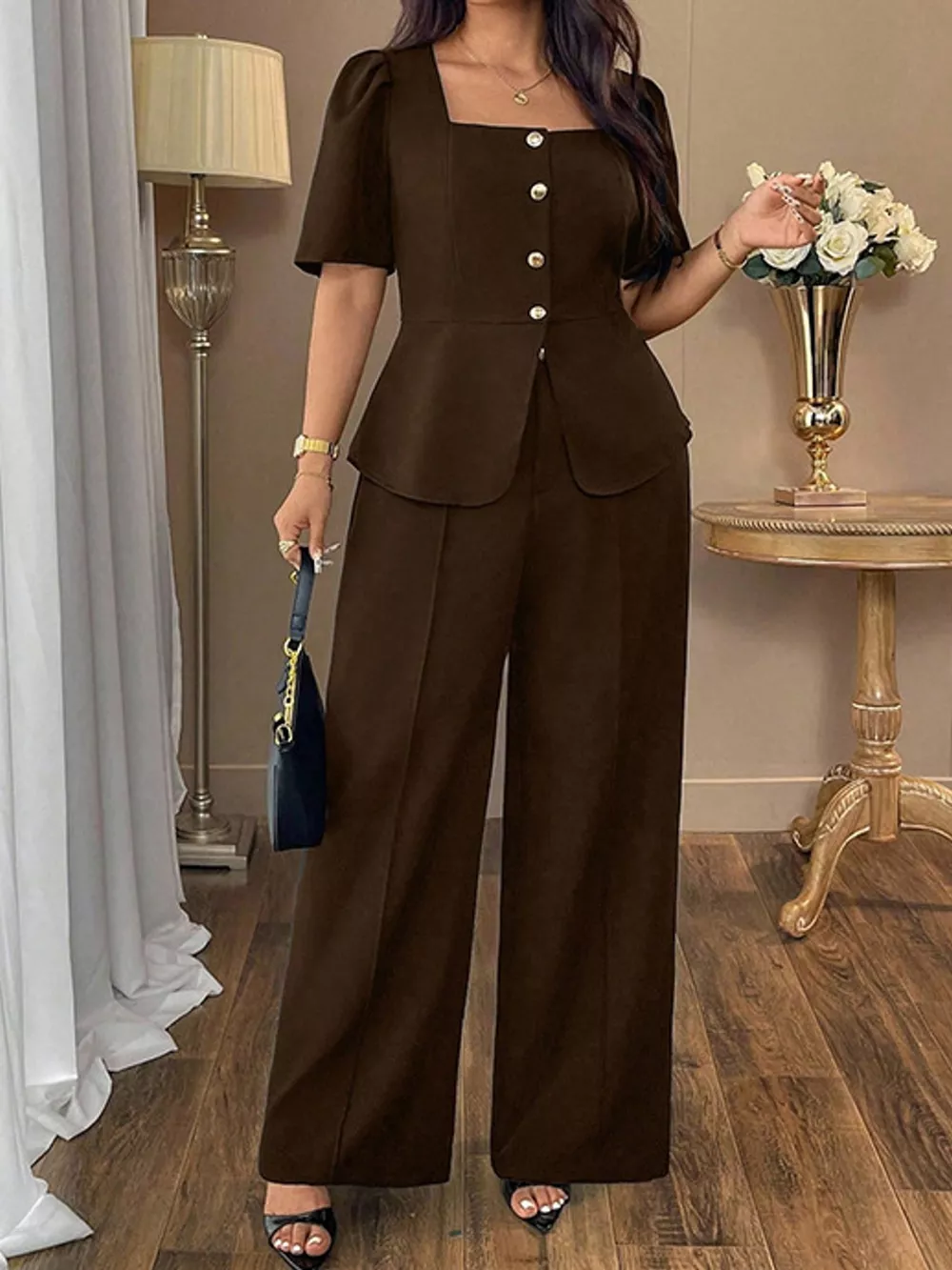 Plus Size Peplum Top and Wide-Leg Pants Two-Piece Set, image 16