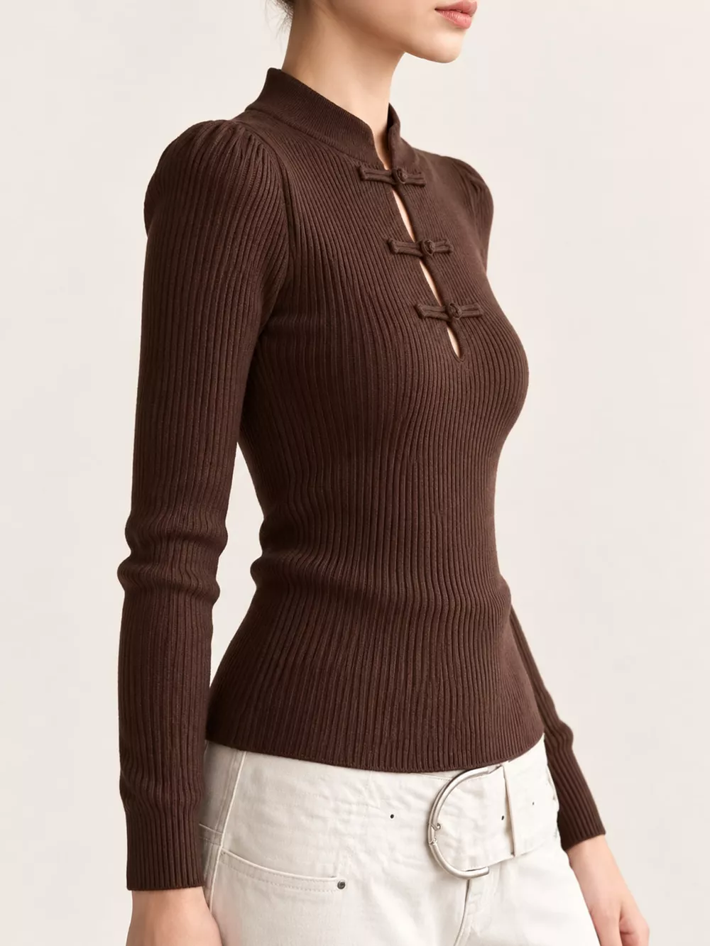 Chinese-Style Button Ribbed Knit Top, image 23