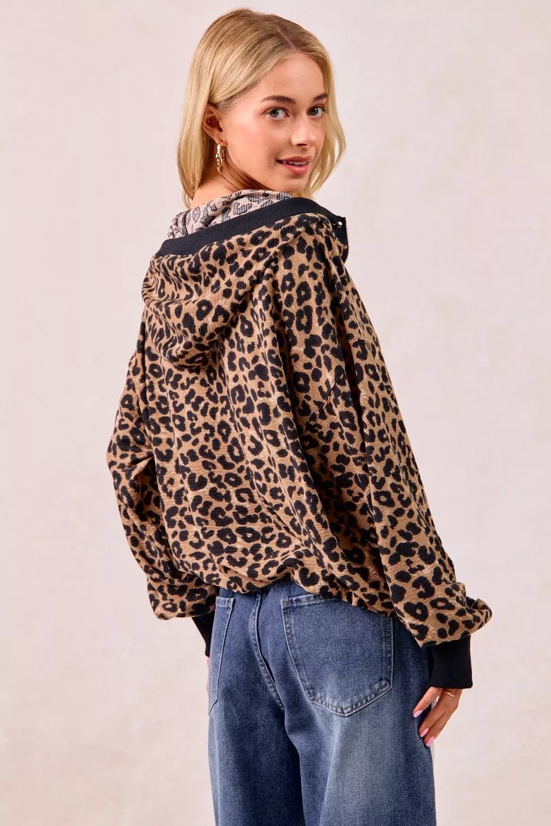 Leopard Print Waffle Half Zip Up Hoodie W Pocket, image 10
