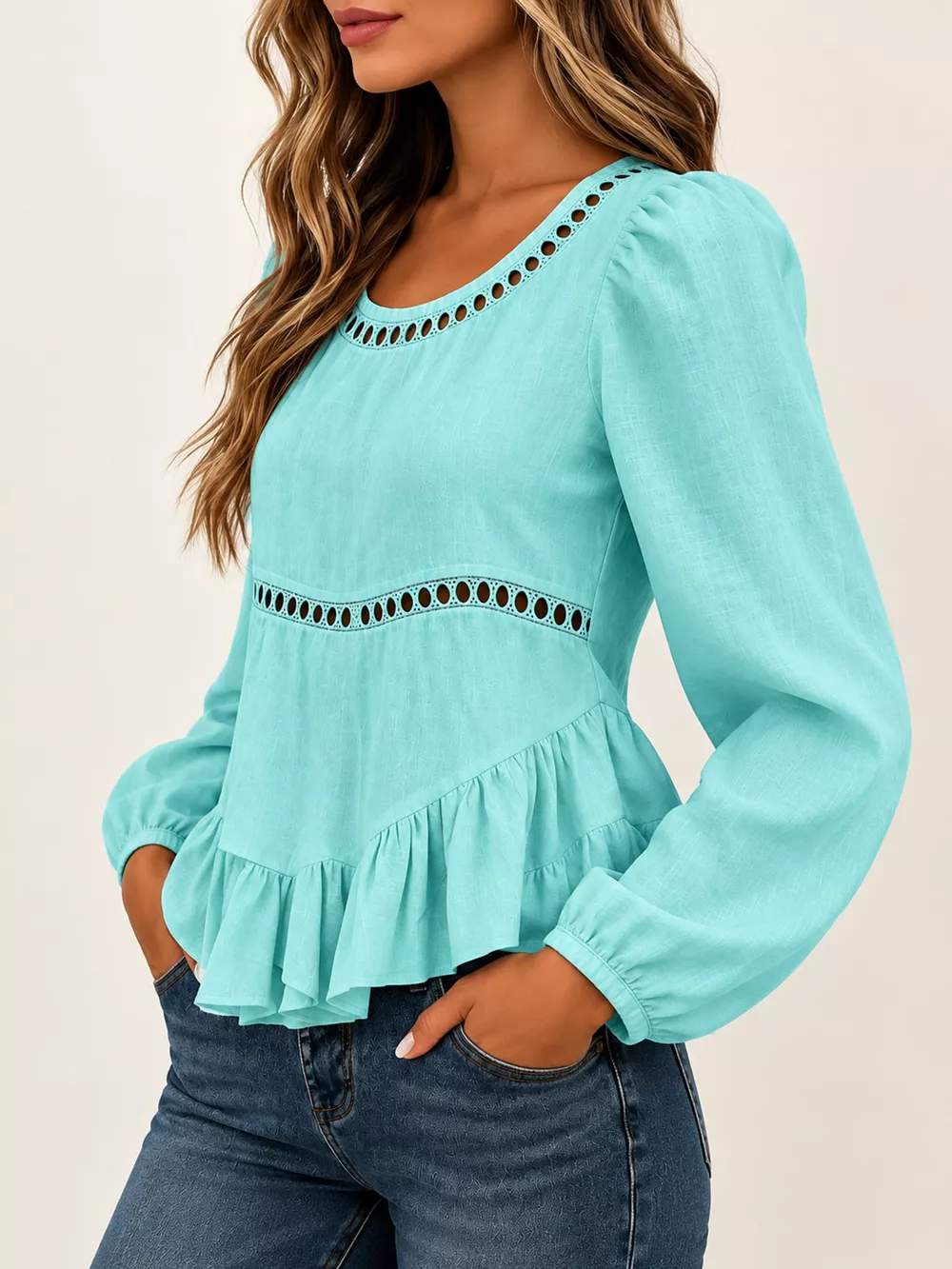 Long Sleeve Blouse with Eyelet Lace Trim and Ruffled Hem, image 6