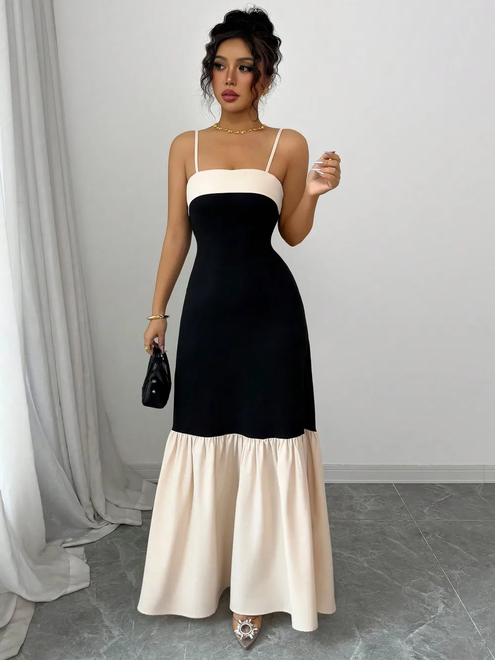 Two-Tone Spaghetti Strap Maxi Dress, image 4