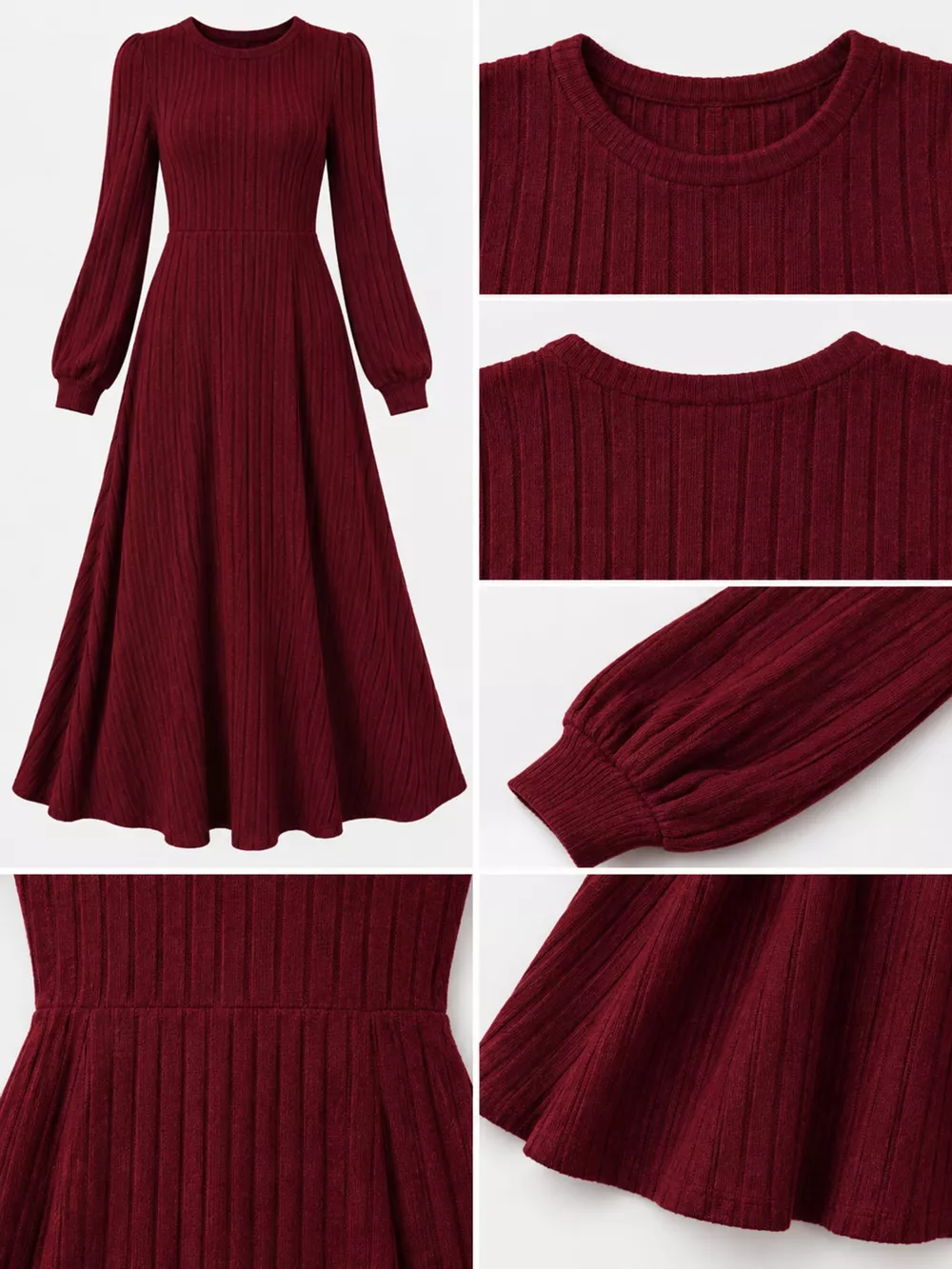 Ribbed Knit Long Sleeve A-Line Midi Dress, image 15