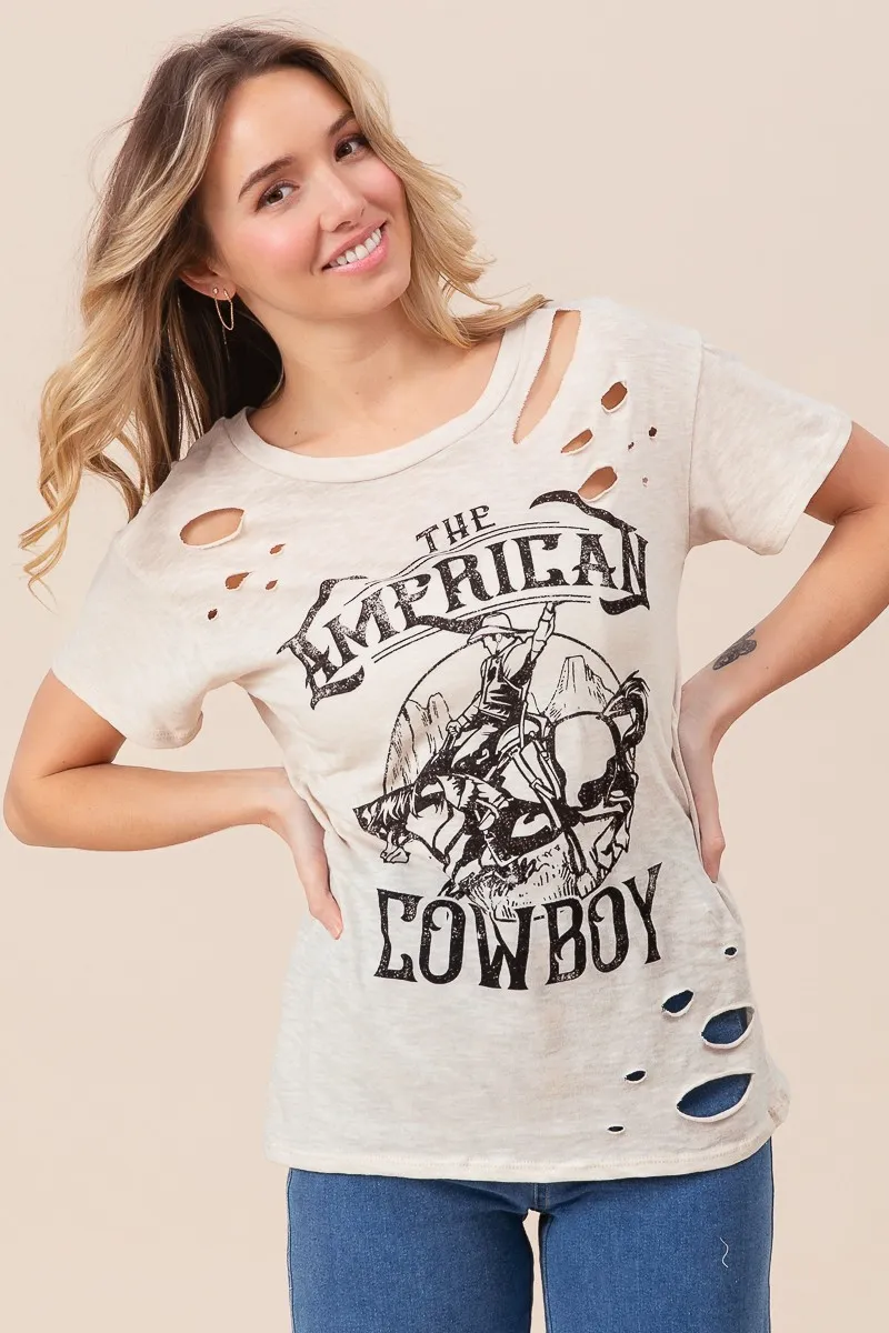 Cotton Slub Laser Top American Cow Boy Graphic, image 7