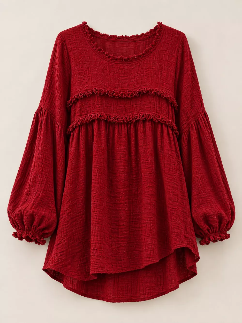 Full Size Boho Chic Textured Frayed Trim Peplum Blouse Plus Size, image 18