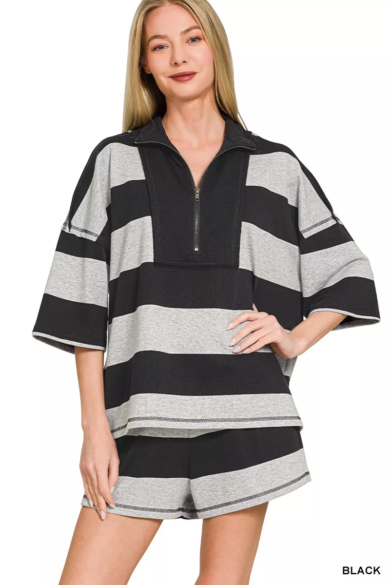 Frenchterry Striped Half Zip Top & Shorts Set