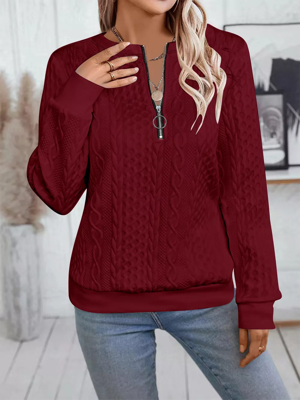 Chic Cable Texture Quarter-Zip Sweatshirt, image 5