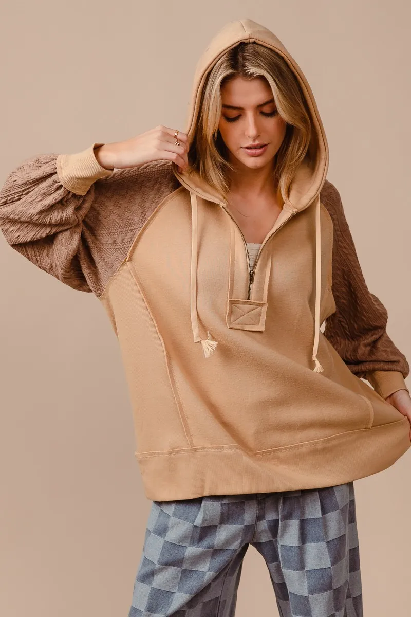 Half Zip French Terry Hoodie with Kint Sleeves, image 4