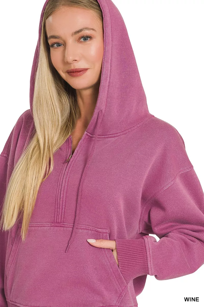 Fleece Pigment Dye Half Zip Kangaroo Pocket Hoodie, image 6