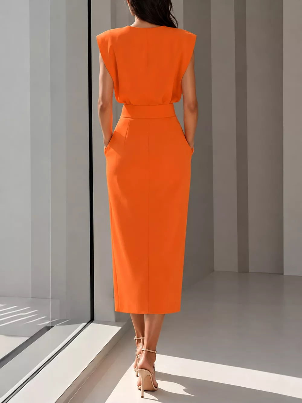 Sleeveless Midi Dress with Gold Button Detail and Side Slit, image 38