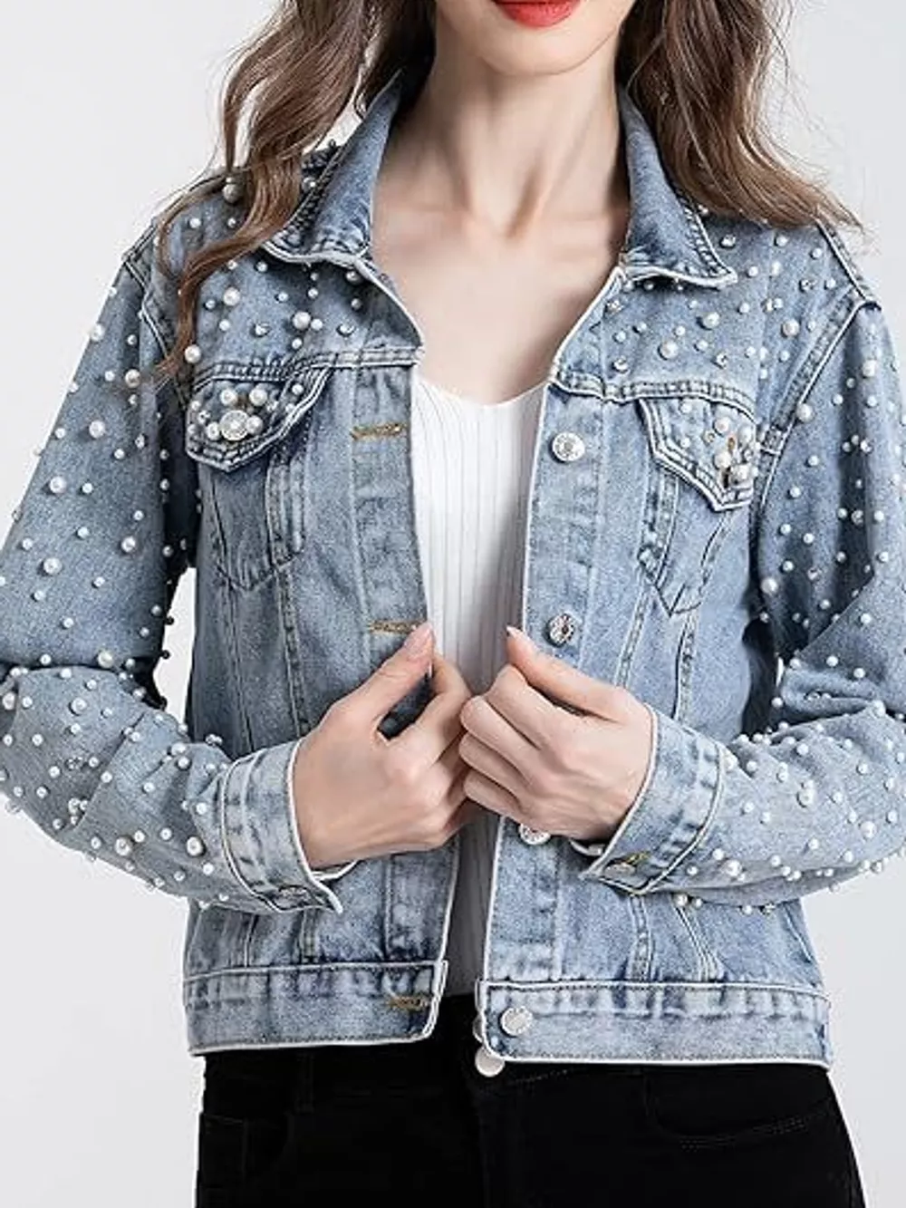 Pearl Detail Button Up Denim Jacket, image 4