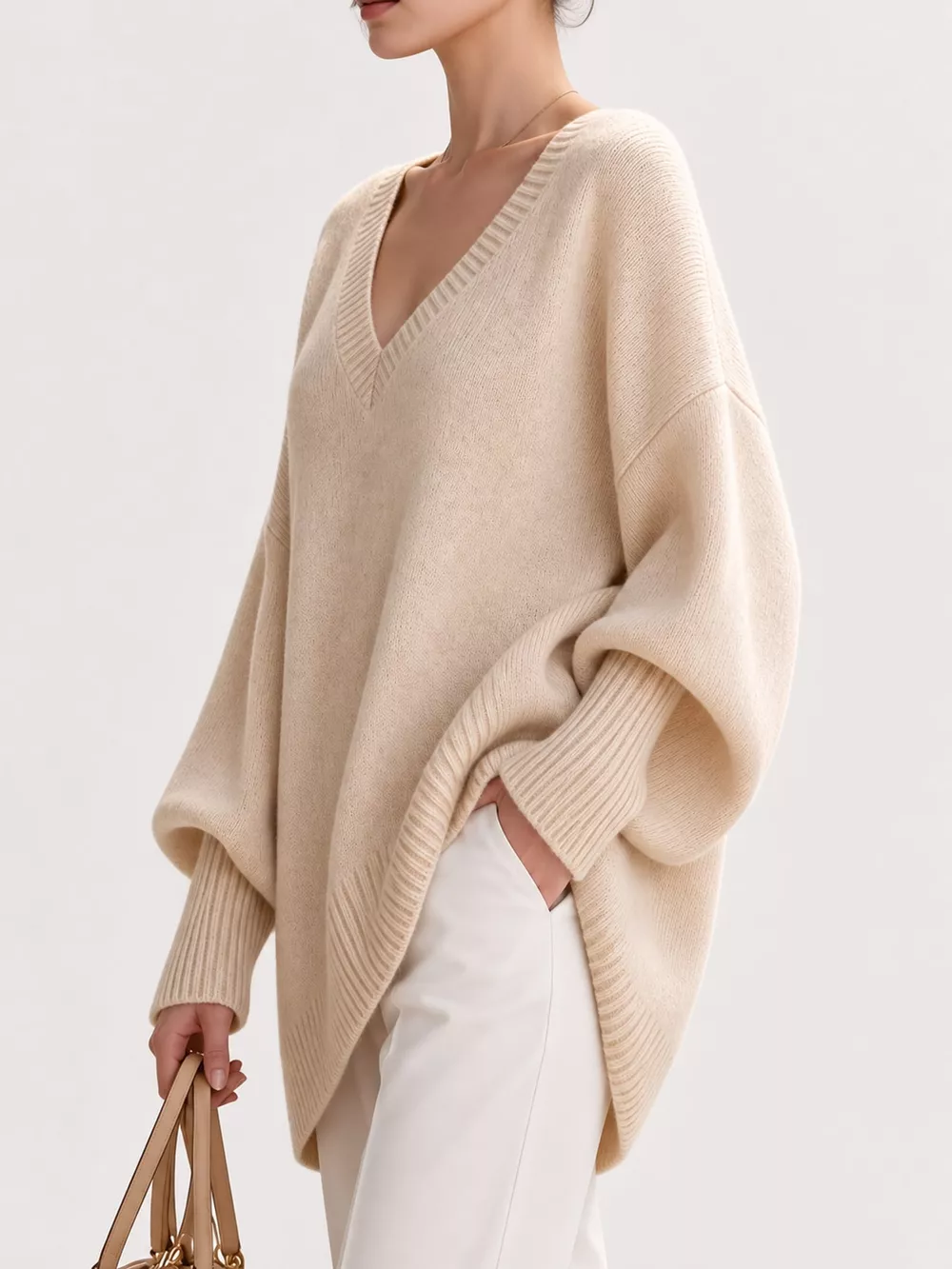 Full Size V-Neck Oversized Batwing Sleeve Sweater Plus Size, image 12