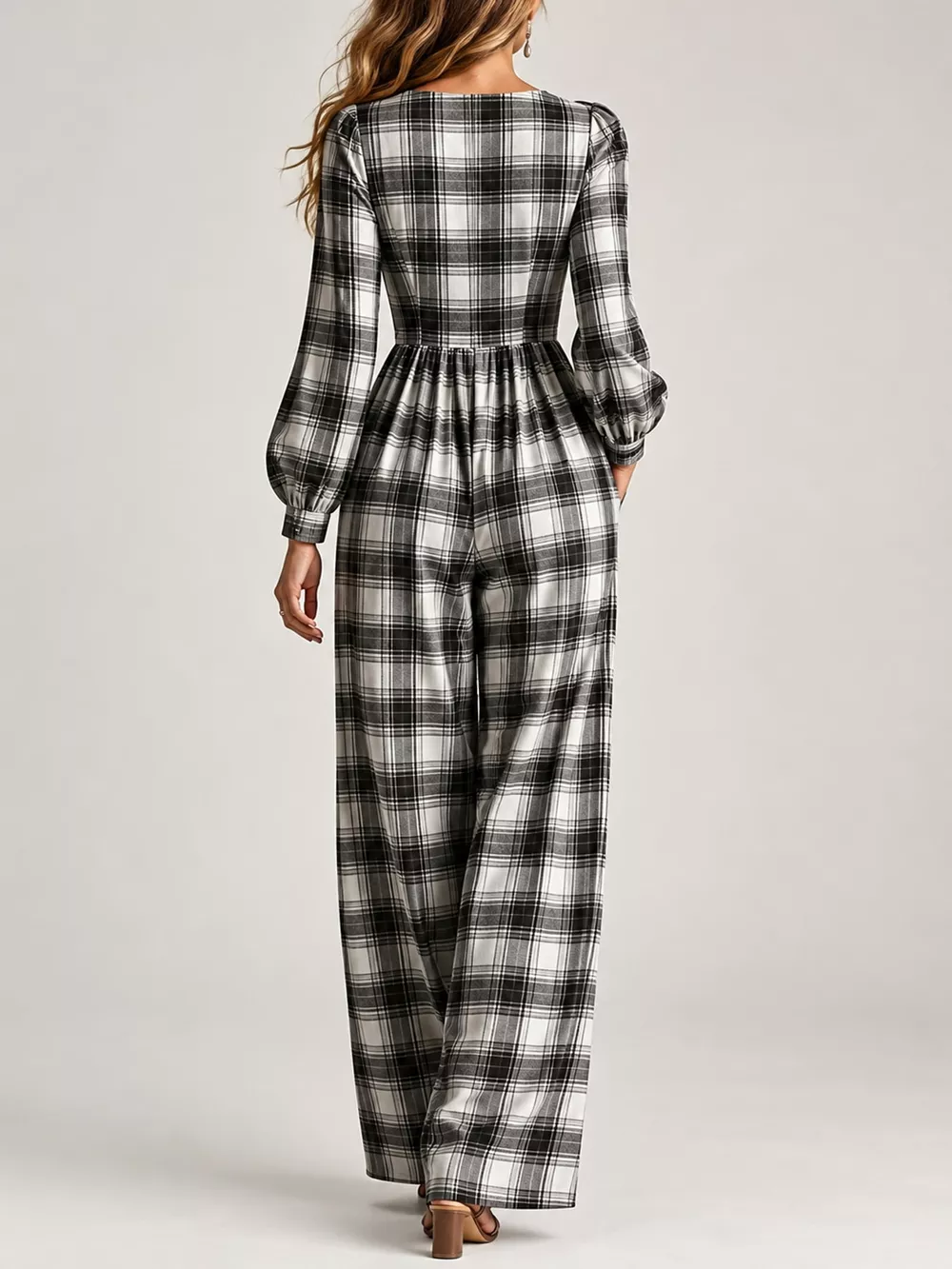 Plaid Square Neck Long Sleeve Wide-Leg Jumpsuit, image 12