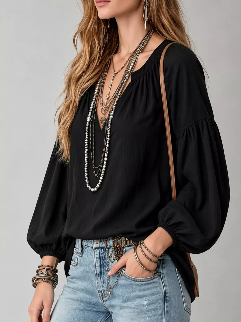 Full Size Notched Balloon Sleeve Blouse Plus Size, image 7