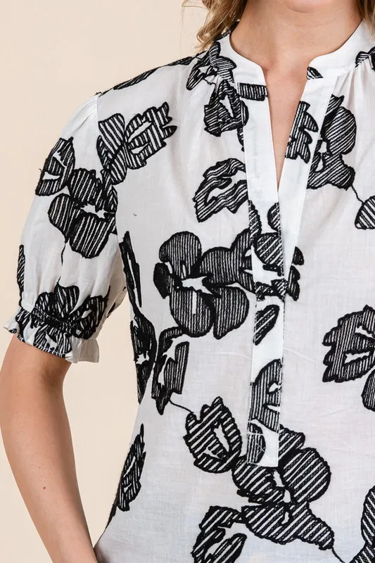 Embroidered Split Neck Puff Sleeve Blouse, image 7