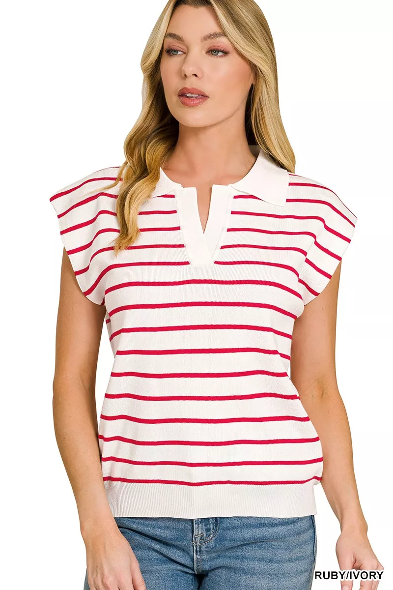 Viscose Striped Collared Sweater Vest