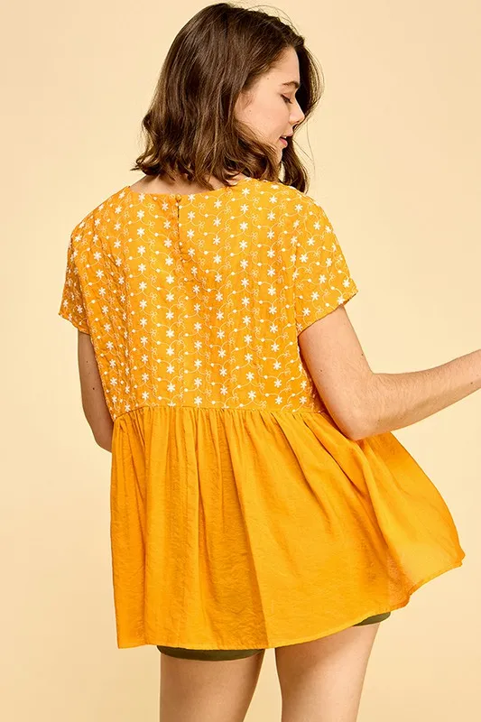 Embroidered Short Sleeve Pleated Babydoll Top, image 4