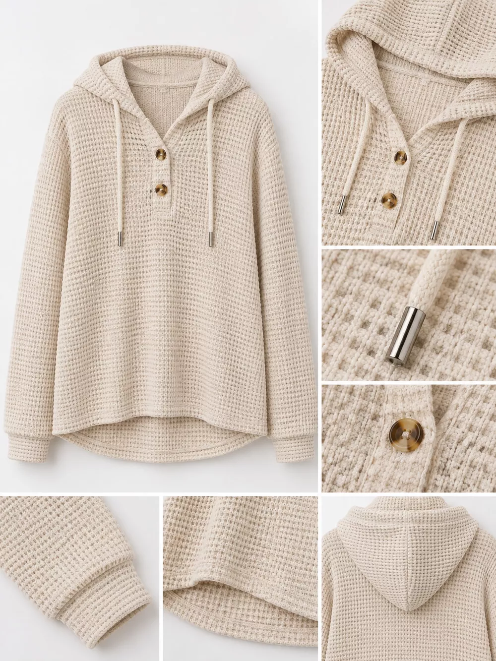 Full Size Waffle Knit Button Detail Hoodie Plus Size, image 8