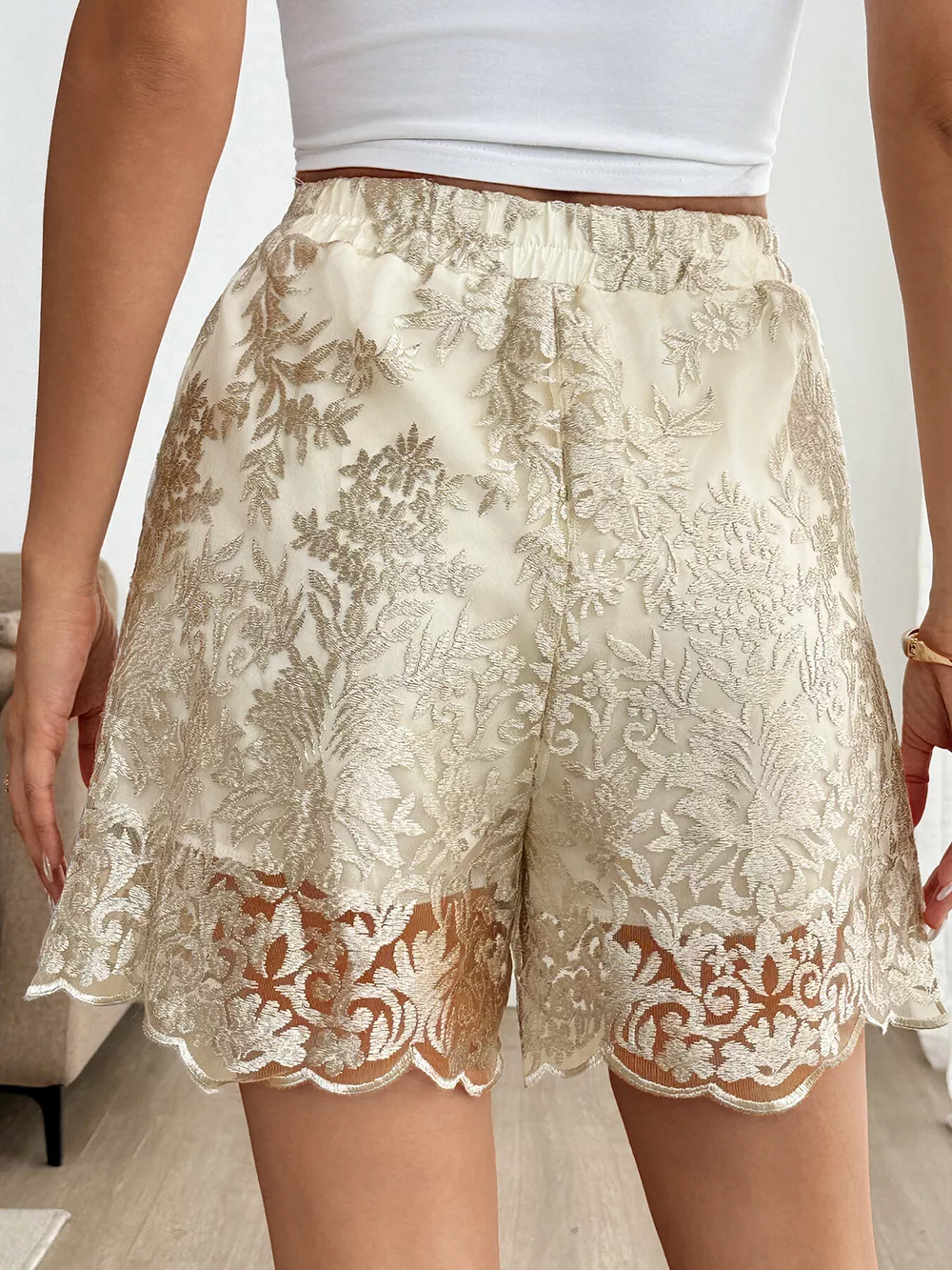 Lace Scalloped Hem Elastic Waist Shorts, image 8