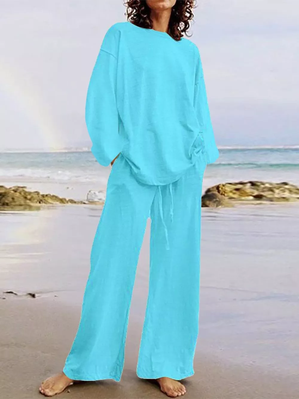 Full Size Round Neck Top and Drawstring Wide-Leg Pants Set Plus Size