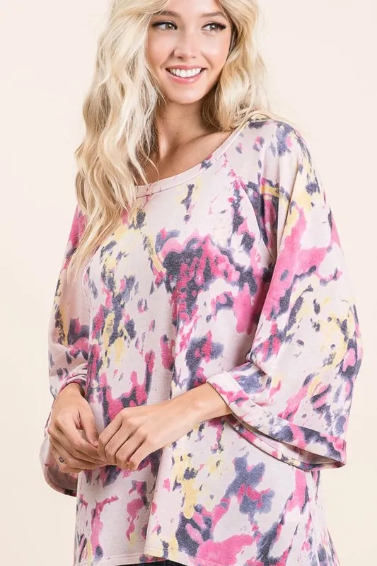 Tie Dye Print Terry A Line Top with Bell Sleeves, image 2