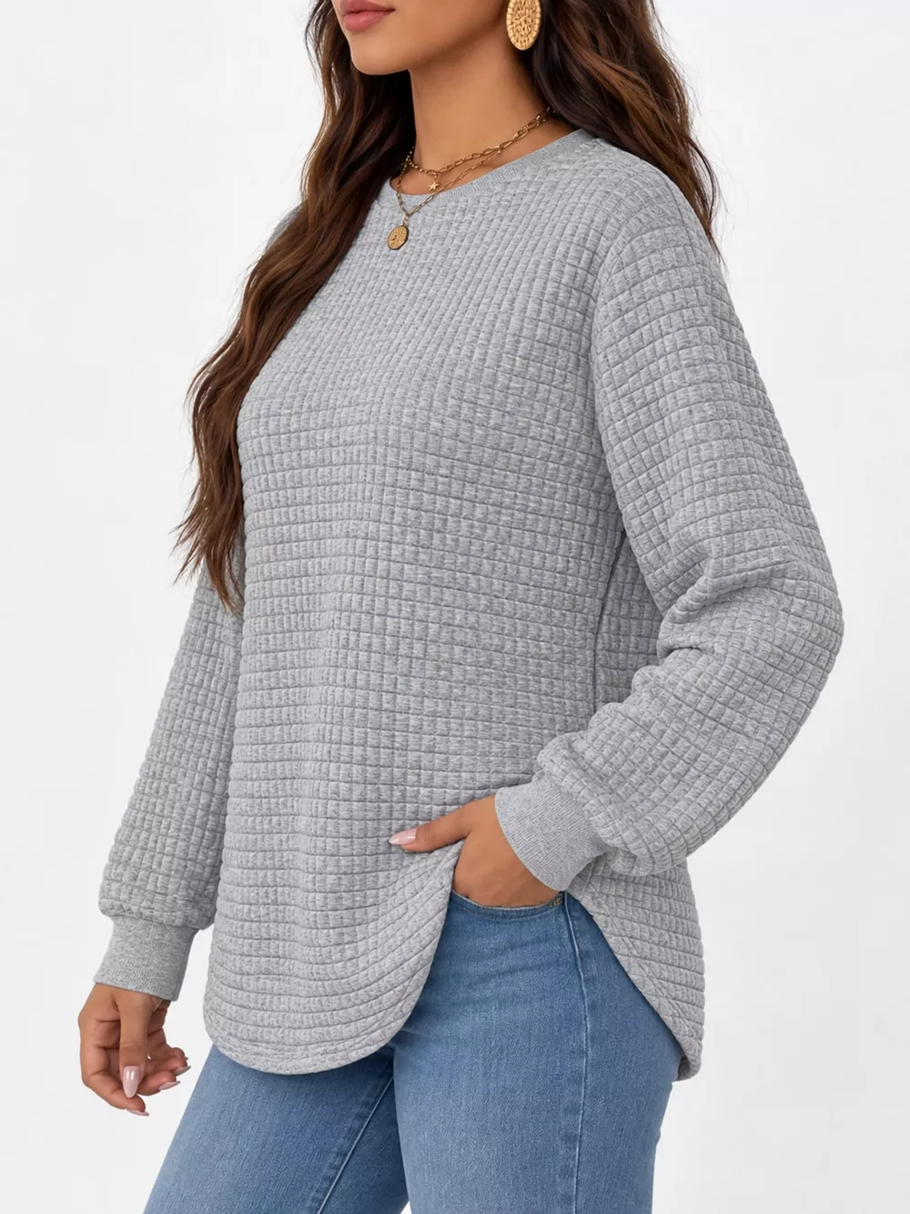 Plus Size Textured Waffle Knit Crew Neck Sweatshirt, image 18