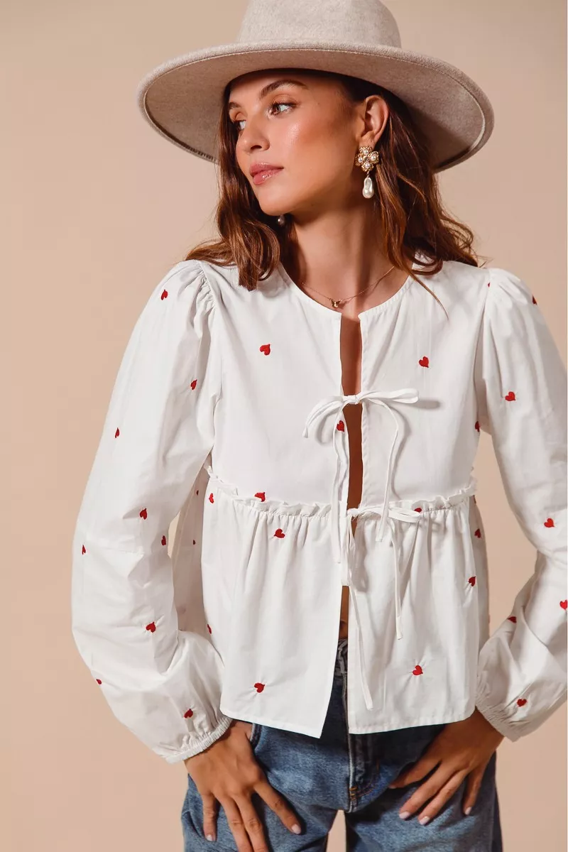 Front Tie Heart Embroidered Blouse With Puff Sleeve, image 10