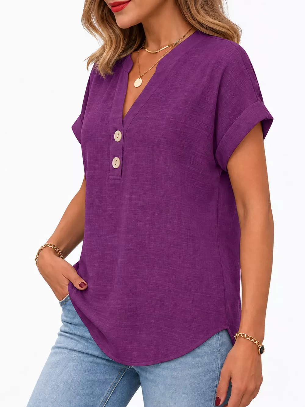Full Size Button Detail Short Sleeve Blouse Plus Size, image 67