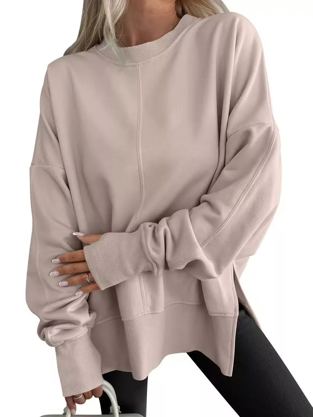 Oversized Crew Neck Sweatshirt with Side Slit, image 46